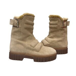 Free People NEW Fable Tan Suede Ruched Lug Sole Boots Size 41 or US 10